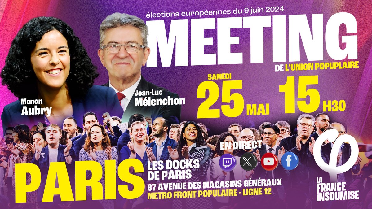 🔴 Ce samedi 25 mai, rendez-vous à 15h30 pour suivre en direct le meeting de l'#UnionPopulaire avec @ManonAubryFr à Paris ! 👉 Le direct sur Youtube : youtube.com/live/1fFEeDxvj… ➡️ Toutes les informations sur : actionpopulaire.fr/evenements/f98…