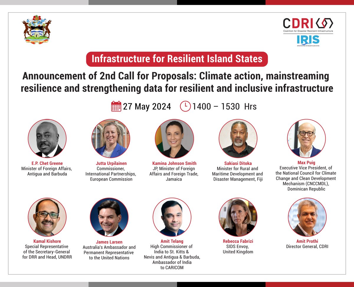 🔔If you are at #SIDS4, join a distinguished panel at an important session prioritizing the #SIDSConference2024 theme of charting a course towards #resilience prosperity. 📅 27 May, ⏰14:00 – 15:30 📍 Room 10, Conference venue, @SIDS4AB #resilientinfrastructure #IRIS