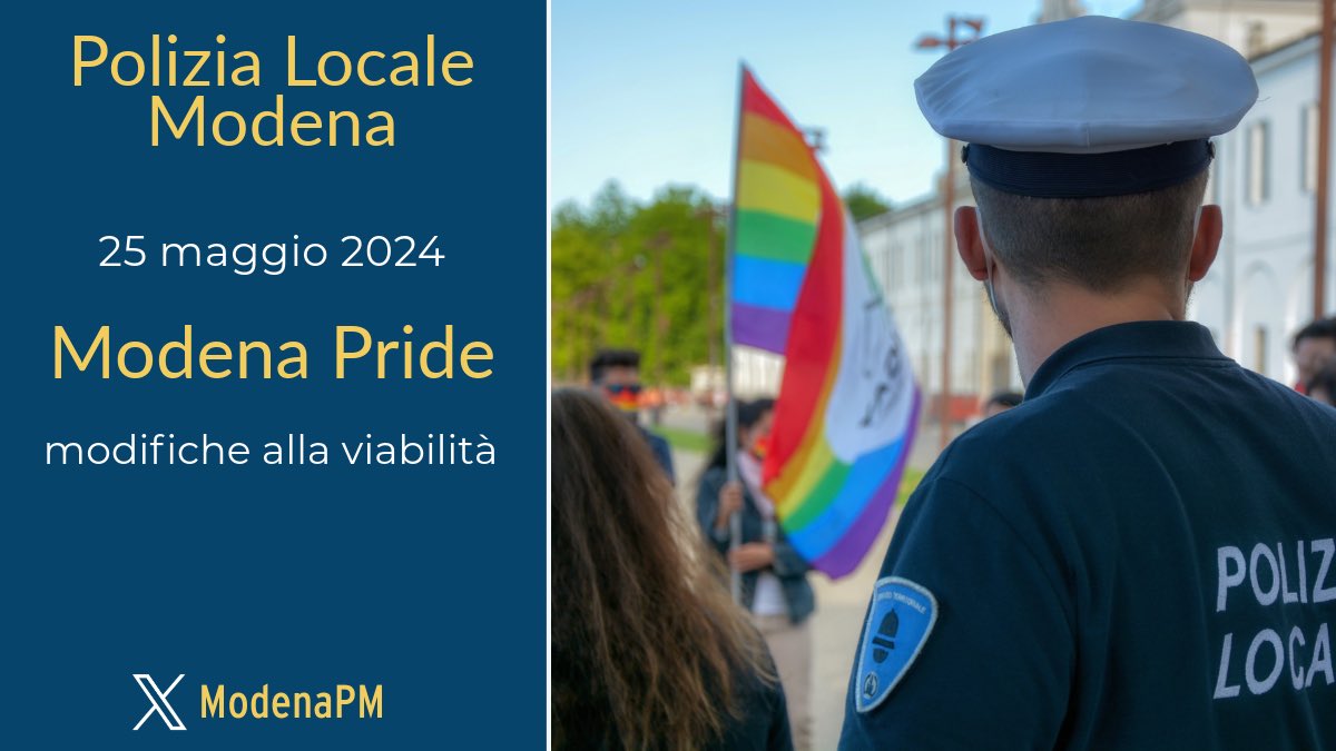 PLModena's tweet image. #ViabilitàMO #25maggio
Oggi pomeriggio si svolge la manifestazione #ModenaPride 🔴 Dalle 14.30 sospesa la circolazione stradale nel percorso interessato dal passaggio del corteo:
parco Ferrari, Emilia ovest, largo Moro, largo Porta Sant&apos;Agostino, Emilia centro, Ganaceto, Cavour,…