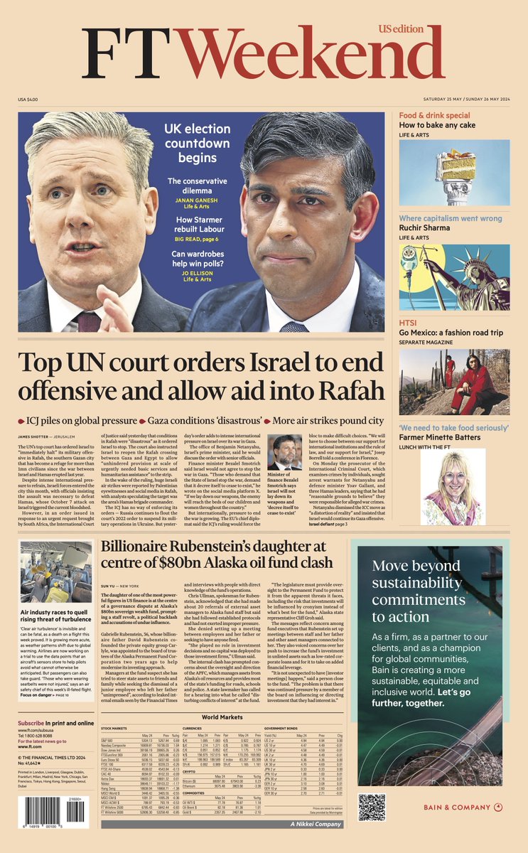 🇺🇸 Top UN Court Orders Israel To End Offensive And Allow Aid Into Rafah ▫ICJ piles on global pressure ▫Gaza conditions 'disastrous' ▫More air strikes pound city ▫@JamesShotter #frontpagestoday #USA @FT 🇺🇸