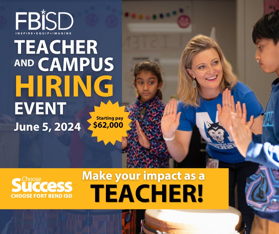 Fort Bend ISD is hiring teachers! We offer a starting teacher pay of $62K for first-year teachers, plus a differentiated pay scale that offers significant increases at the completion of 5-year milestones. Make your impact in Fort Bend ISD, sign up today. fortbendisd.com/careers