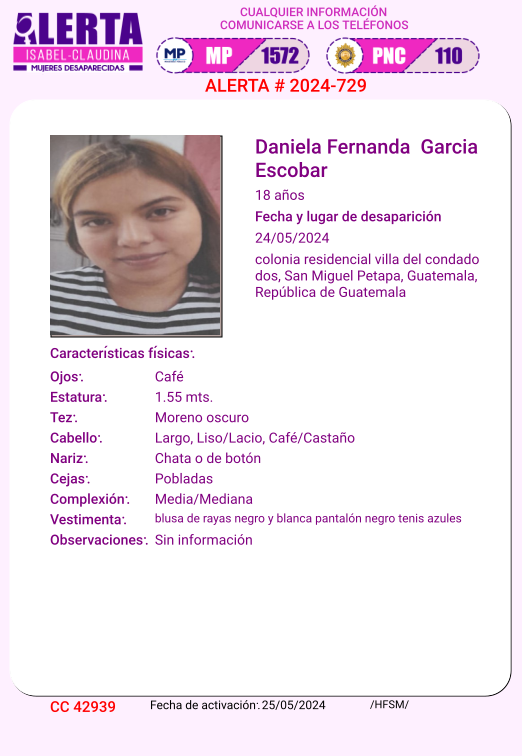 #AlertaIsabelClaudina 📷 Ayúdenos a encontrar DANIELA FERNNDA GARCÍA ESCOBAR Cualquier información comunicarse al teléfono 📷 1572 Gracias por difundir esta información📷