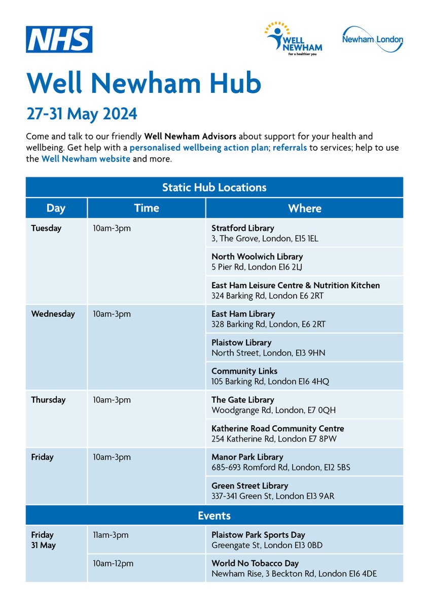 If you would like health and wellbeing support, speak to our advisors at our #WellNewhamHubs. For details of next week's Hubs, click on the image 👇 If you would like the team to attend your event, contact WellNewhamHub@newham.gov.uk For more, visit orlo.uk/oy8tl