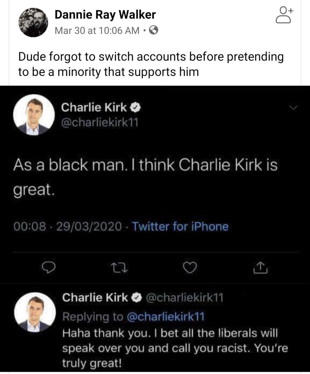 Hahahahahaha Hahahahahaha Hahahahahaha
Charlie Kirk pretended to be a Black man but he forgot to switch accounts after being glorified by a 'Black' man (himself). Haha

#MAGA #MAGAts
#UltraMAGA
#CharlieKirkIsARacist
#TurningPointUSA
#CharlieKirkIsLosingHisHair
#BlackNewYorkVoters