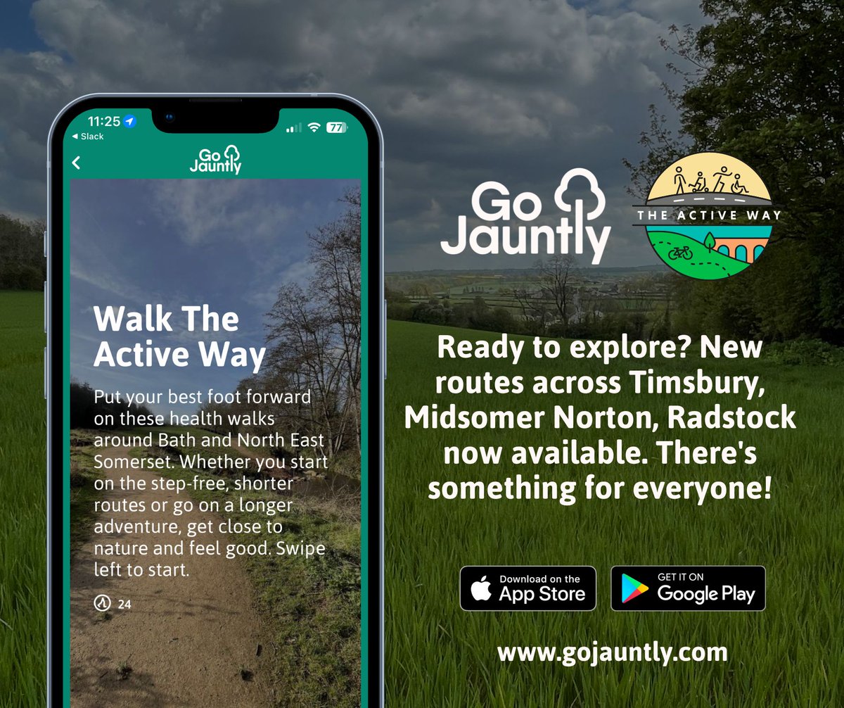 bathnes's tweet image. Move more this May with The Active Way &amp;amp; @GoJauntly!
Explore 30 miles of new walking routes in Timsbury/Westfield/Midsomer Norton/Radstock and more. Enjoy 15-30 minute walks for everyone!
Learn more on our blog: theactivewaybathnes.co.uk/blog
#WalkWithUs #HealthyLiving #TheActiveWay