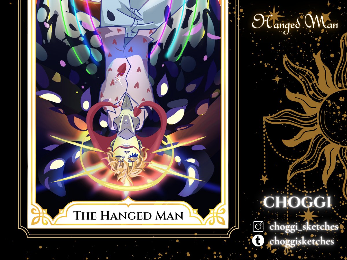 🔮 Lawlu/Lulaw Tarot Story Project: Hanged Man 🔮 The vivid Hanged Man card by Choggi—have you played it yet? 💞✨ (🔗 to story in carrd!)