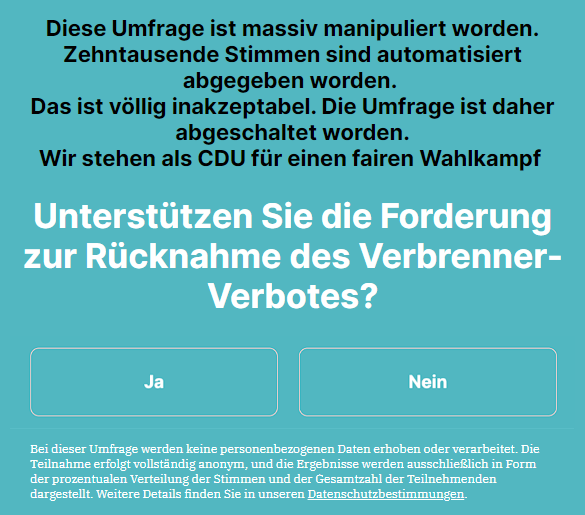 Liebe @CDU , ist das das neue 'Ihr seid alle Bots', das wir vor einigen Jahren schon einmal hatten? Habt ihr nichts daraus gelernt?

An meine Bubble, wie vorhergesagt, ist die Umfrage der CDU weg, da die Antwort nicht passt. Gern RT.