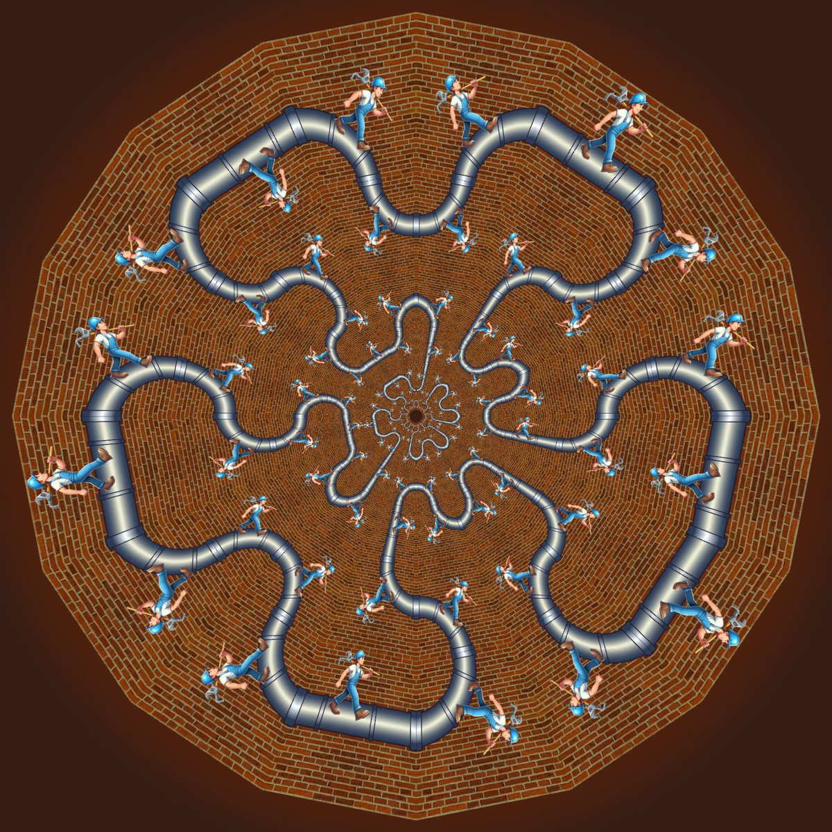 This tessellation is based on a closed curve consisting of two space-filling Hilbert curves connected together, and transformed into a circle. The plumber is created by #CoPilot. #mcescher #escherart #escher #mathart #digitalart #hilbert #curve #path #fractal #circle #Tissellator