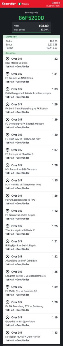 100 odds 🍀 Over 0.5 first half 🔥 86F5200D 🔞 @savinuch_ @biglogik @BETFUSE1 @CHIZZY_BB @bet_explorer