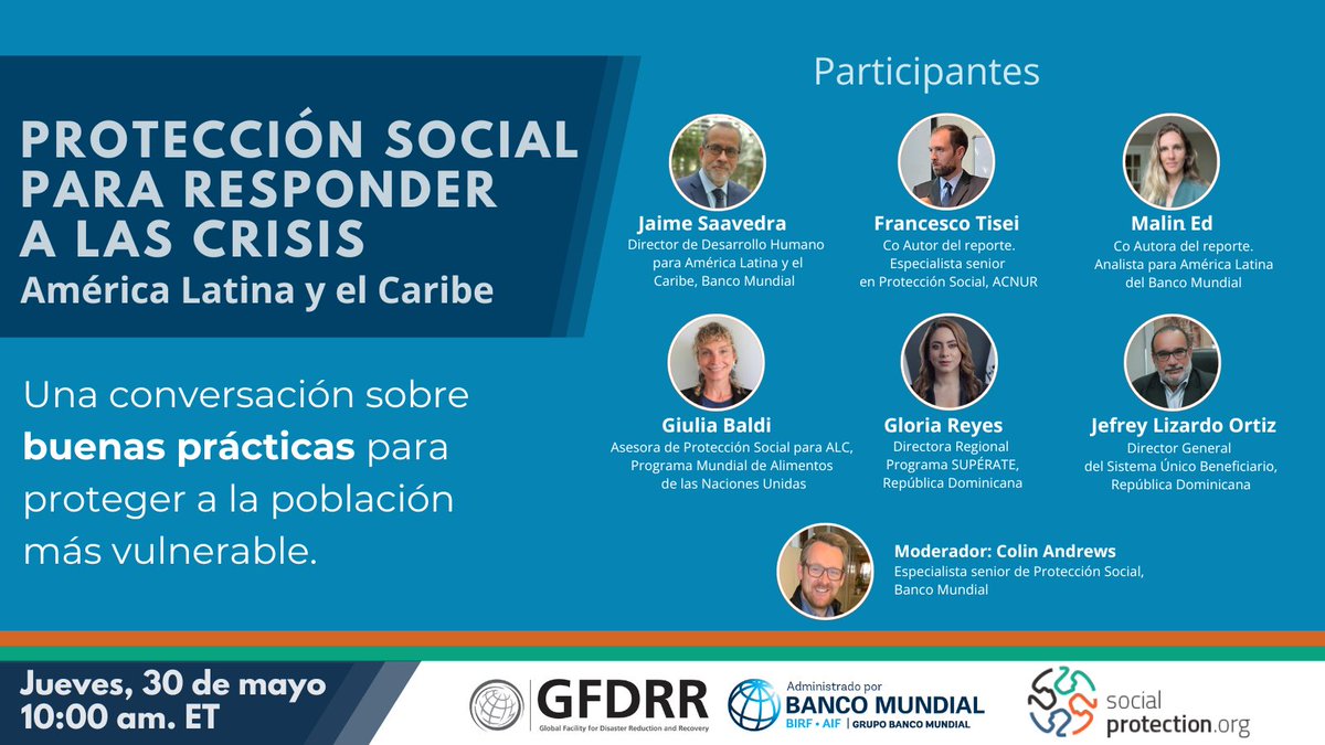 ¿Sabías que la protección social adaptativa ayuda a que los hogares vulnerables de #AmLat y el #Caribe tengan mayor capacidad de preparación, respuesta y adaptación ante las crisis? ¿Quieres saber más? Participa aquí: wrld.bg/U5ni50RUzUk @GFDRR @SP_Gateway