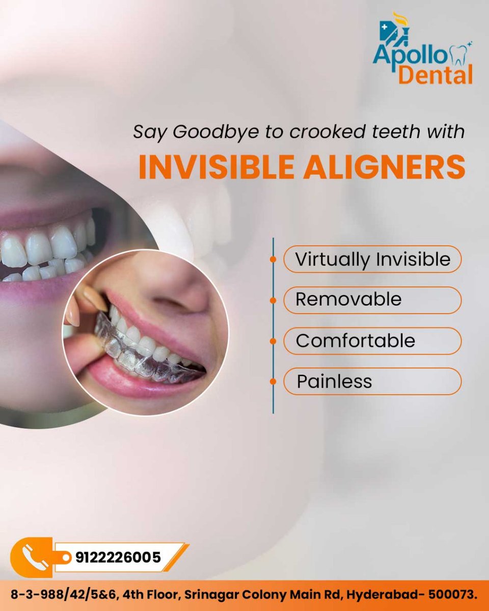 Invisible Aligners: the clear, comfortable way to fix crooked teeth and boost your confidence.
For More Information
Call: 9122226005

#InvisibleAligners #Apollodentalclinic #Srinagarcolony #SmileTransformation #PerfectSmile #CrookedTeeth #TeethStraightening #ClearAligners