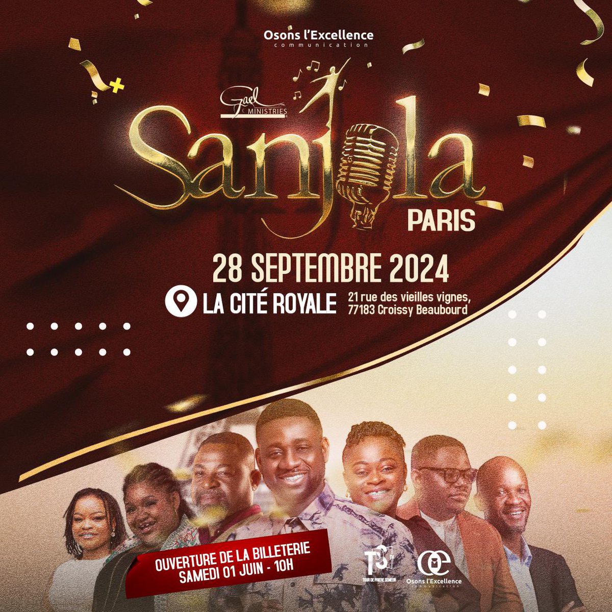 C'est CONFIRMÉ 🔥🔥🔥 ! 
14 ans après, Gael music au GRAND COMPLET en Europe,  plus précisément à Paris 🇫🇷.
Rendez-vous le Samedi 28/09/2024, nous allons vivre une explosion de louange et d’adoration à La Cité Royale. 
billetterie Samedi 01 Juin à 10h.

#GaelMinistries