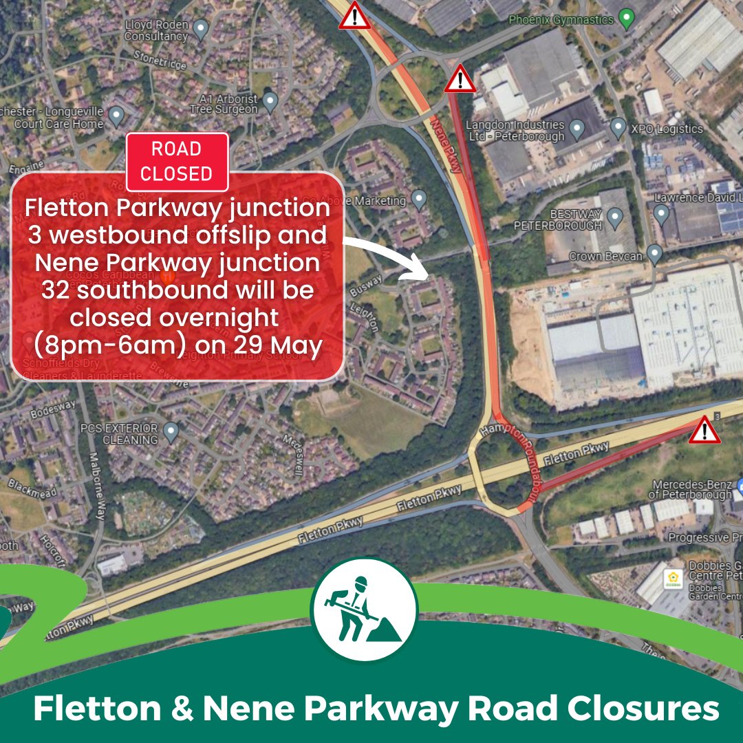 There will be an overnight road closure to carry out road markings: 🚧 Fletton Parkway junction 3 (Hampton) westbound off slip and Nene Parkway junction 32 (Morley Way) southbound 📅 29 May 🕗 8pm-6am