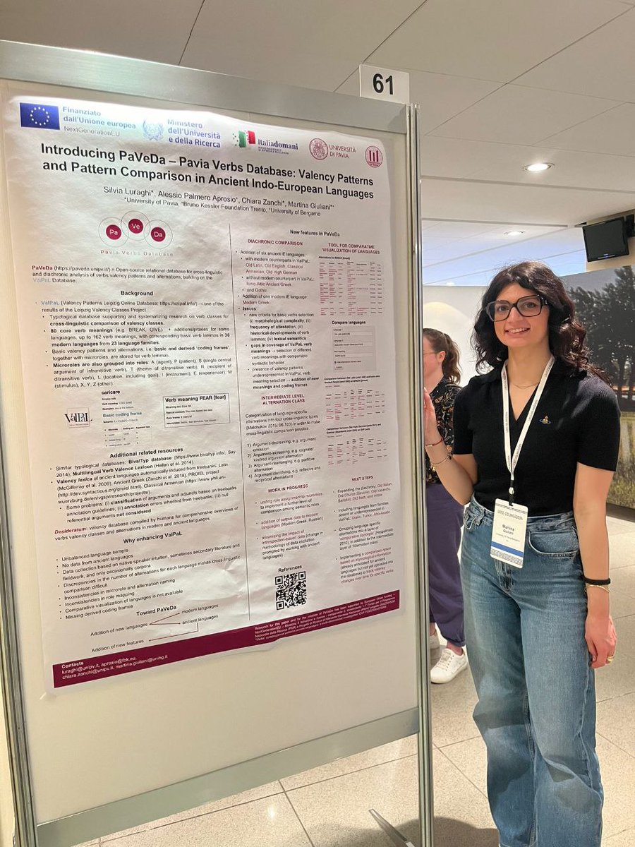 ling_in_pavia's tweet photo. Martina Giuliani with the poster "Introducing PaVeDa - Pavia Verb Database: Valency Patterns and Pattern Comparison in Ancient Indo-European Languages", co-authored with Silvia Luraghi, Alessio Palmero Aprosio and @zanchichia, at the LT4HALA workshop, co-located with @LrecColing https://t.co/MJyM21uccz