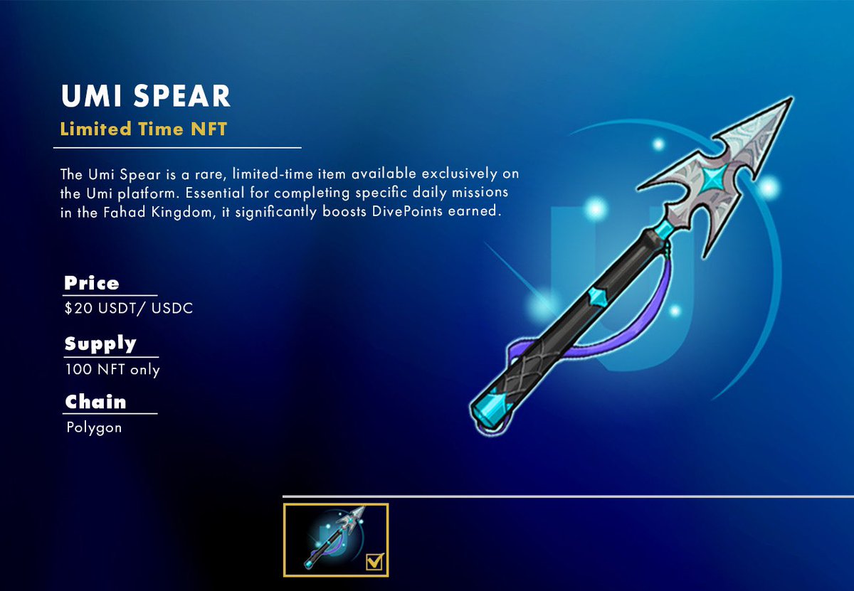 🚀 We are thrilled to announce the launch of the UMI Spear NFT sale! 🎉

🔹 Boost your rewards in Fahad Kingdom with these super limited NFTs. 🏆✨

📅 Sale Date: May 27, 2024, at 12:00 PM UTC.

🔗 Learn more about the UMI Spear NFT in our latest article: umiverseio.medium.com/we-are-thrille…