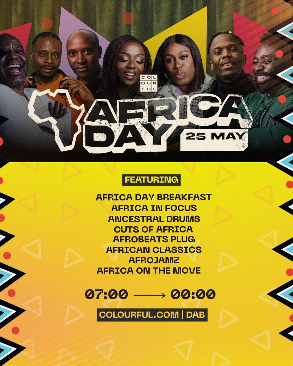 10am, 25 May | Africa Day: Celebrating the Motherland's sounds, history, and future. Comment @colourfulradio #AfricaDay or email africa@colourful.com 📻LOCK-IN on colourful.com and DAB 📲Tell Siri/Google/Alexa 'Play Colourful Radio' bit.ly/453JbKQ