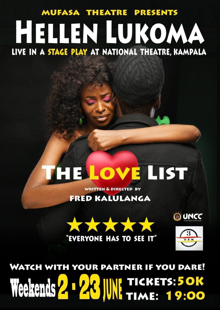 The world revolves around love, despite its hardships. In a two-person stage play, we see a couple working through challenges faced in relationships. Starring Hellen Lukoma, come watch #TheLoveList Book your tickets: shorturl.at/B7RGA #CinemaUg