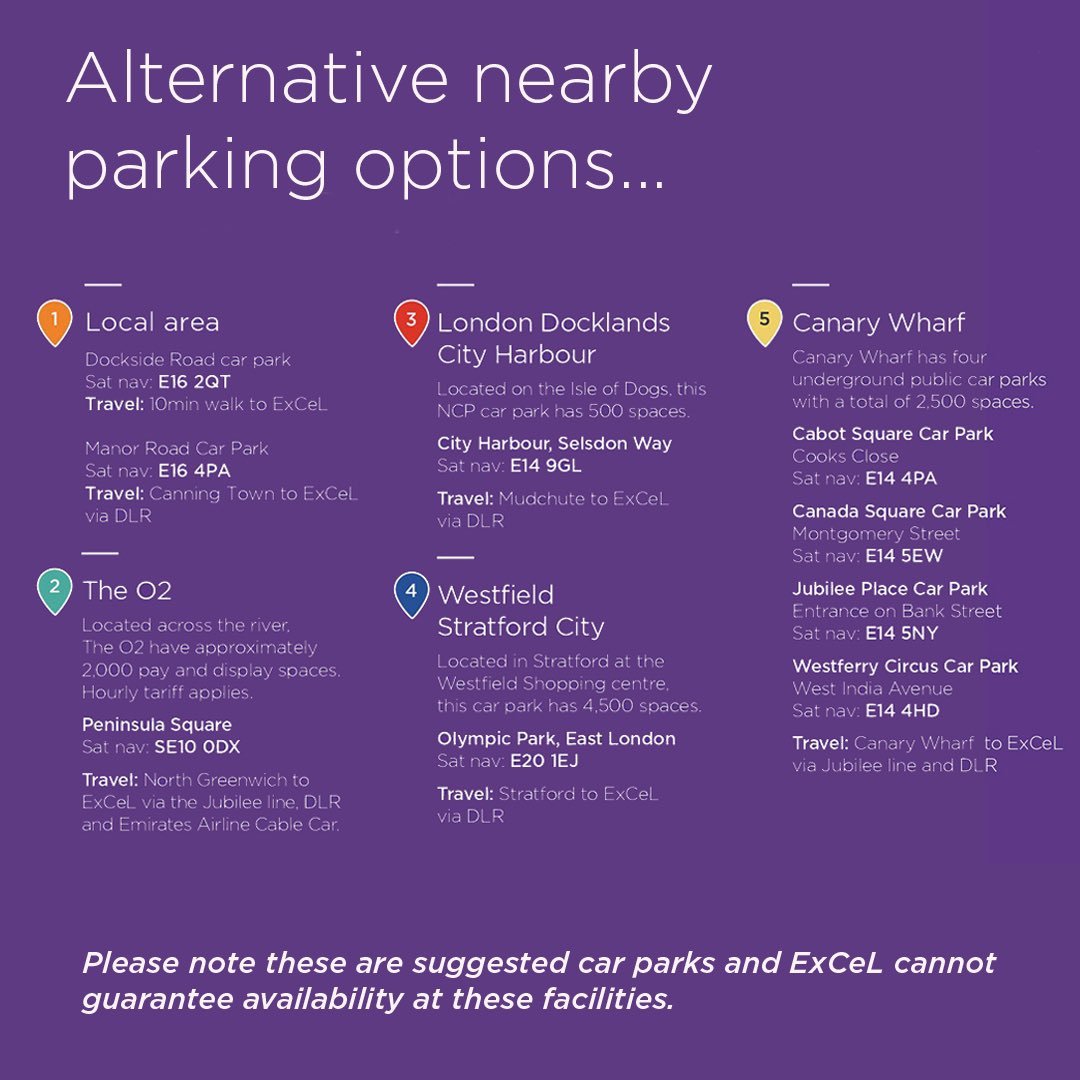 PARKING UPDATE: Saturday, 25 May 11:20am… Please note our car parking facilities are now at capacity. Please see below for nearby alternative options. Thank you #ExCeLLondon @MCMComicCon