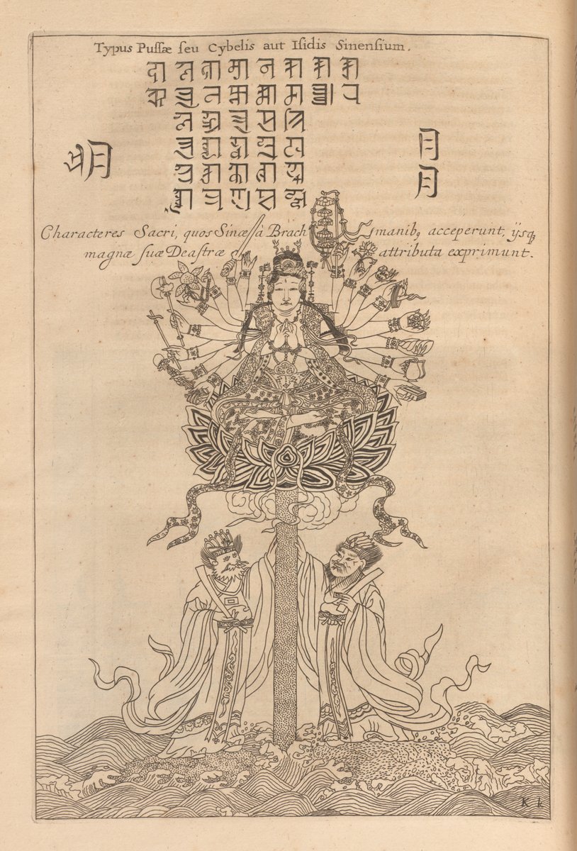 Here's an image of Bodhisattva ("Pussa" < púsà 菩薩) Guanyin 觀音, identified as the Chinese Cybele or Isis, with both Sinitic and Indic inscriptions, from Athanasius Kirchner's "China Illustrata", 1667 😍