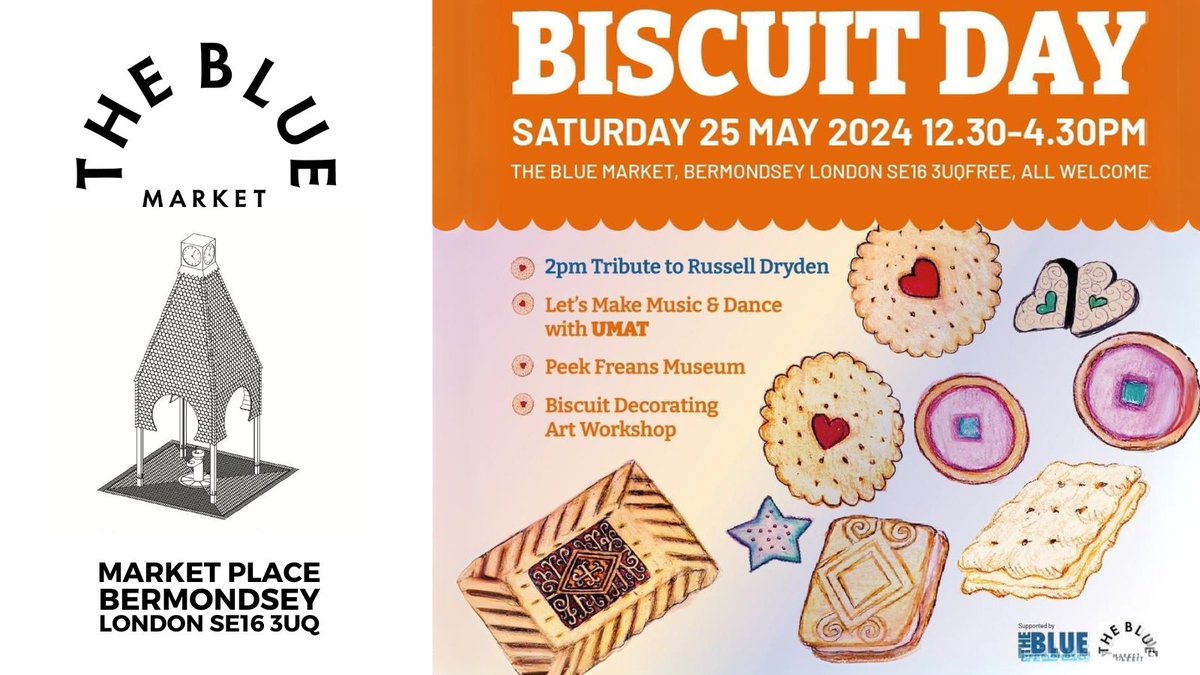 Biscuit Day 2024 at @thebluemarket . #Bermondsey London #SE16/ FREE, everyone welcome Join us for Biscuit Day from 12:30pm with music, free family activities, @MuseumPeekFrean & salsa dancing and a special tribute to the late Russell Dryden from 2pm thebluemarket.co.uk/the-blue-marke…