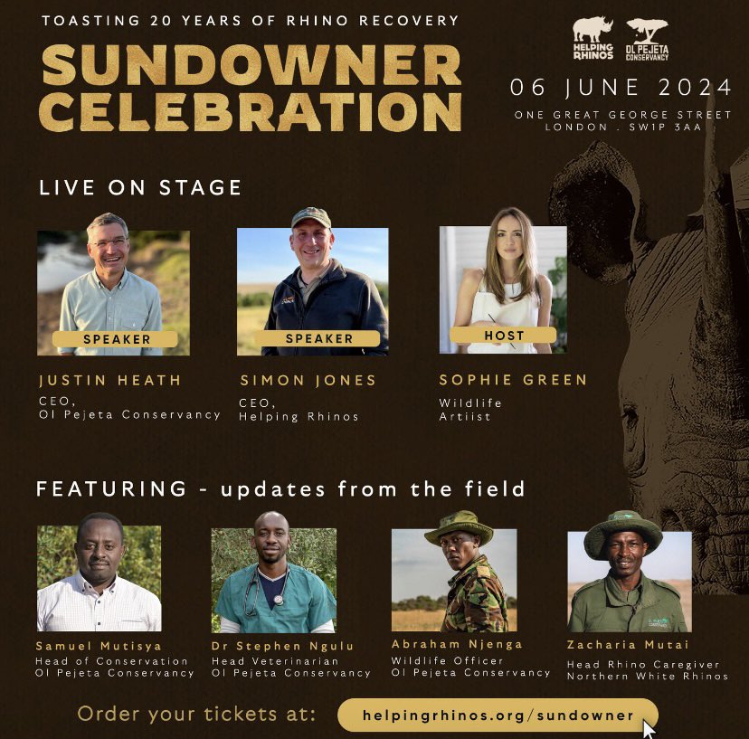 Do join us on the 6th June 2024 for the ‘Sundowner Celebration’ celebrating 20 years of Rhino Recovery with @HelpingRhinos . Tickets available at helpingrhinos.org @PeterEgan6 @marcthevet @rickygervais @Gailporter @TheRealKirstyG