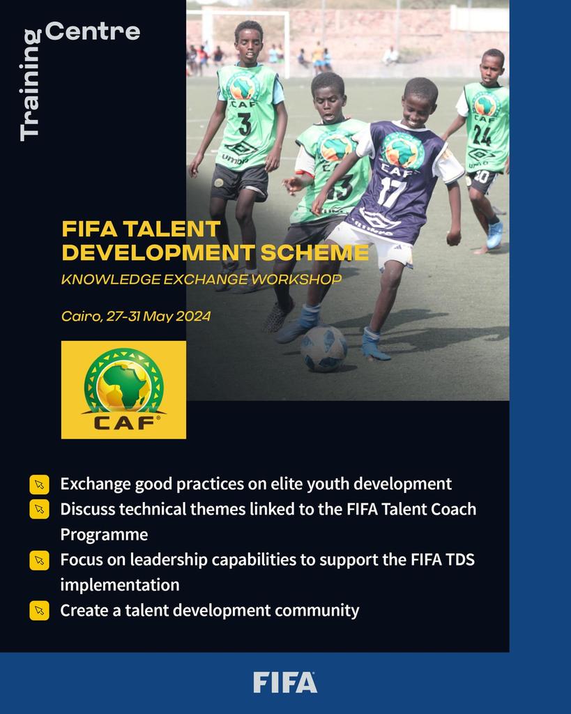 FIFA Talent Development Scheme #TDS Knowledge Exchange Workshop in Cairo is kicking
off on May 27th! A week filled with exciting discussions on elite youth football development. Stay tuned for
exclusive content by following us on Instagram @fifatrainingcentre!
#FIFA <a href="/FIFAcom/">FIFA</a>