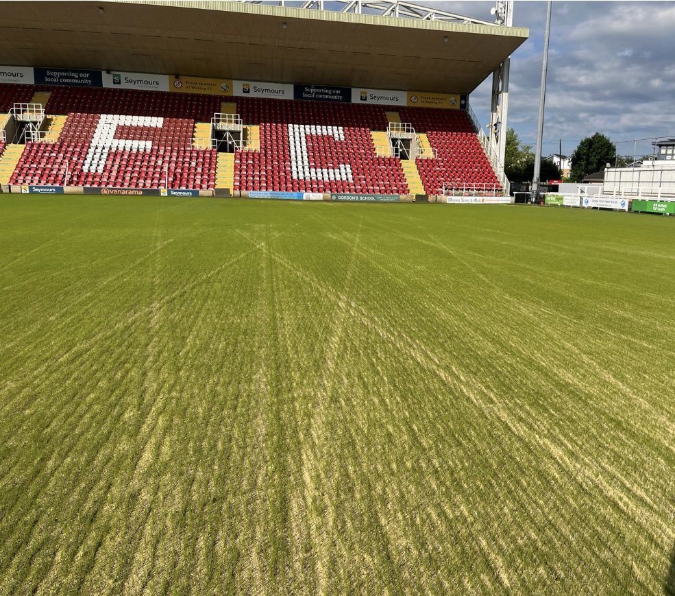 @wokingfc @LarkstelAL now 9 days in from seeding ,the new grass is pushing though now .The pitch was drill seeded 3 ways at 60gms m2 that’s around 22 bags for the areas stripped .This year we also levelled out the warm up areas to the sides of the pitch and behind the goals