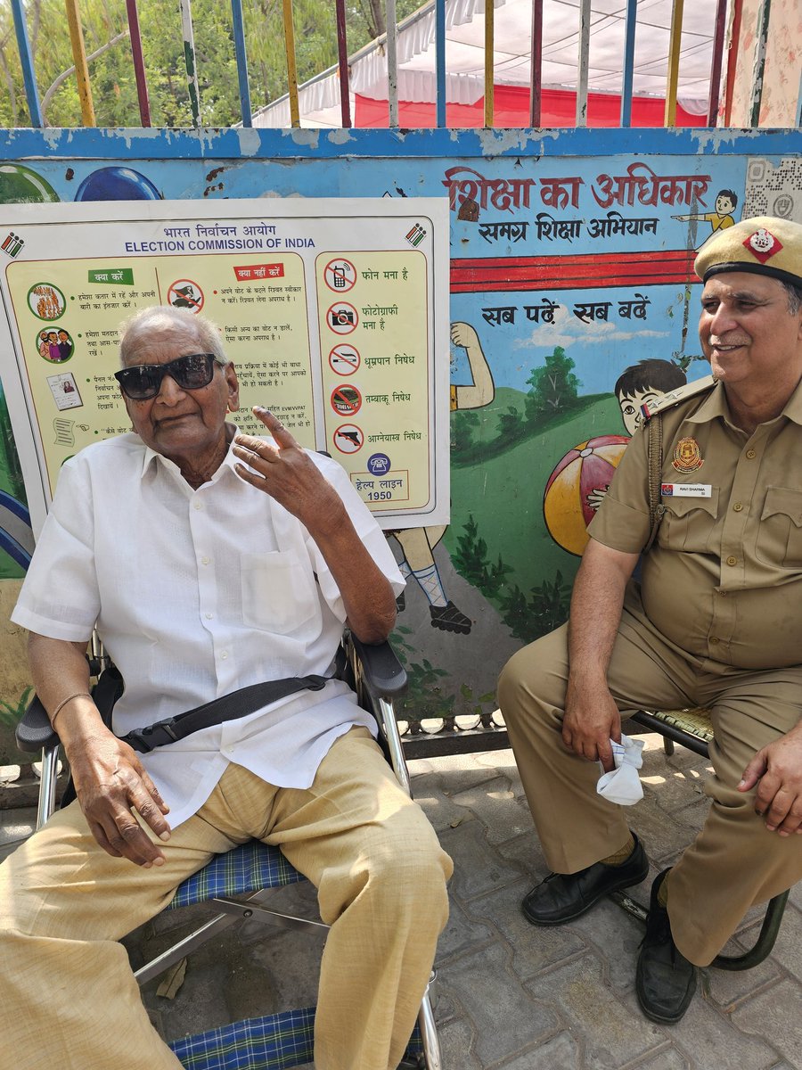 My 97yo father has voted in every election since 1952. Today with his ailments he insisted on going to the booth and not opting from home. And we managed! Impressed by the service and help by @DelhiPolice @ECISVEEP #indiaelections2024