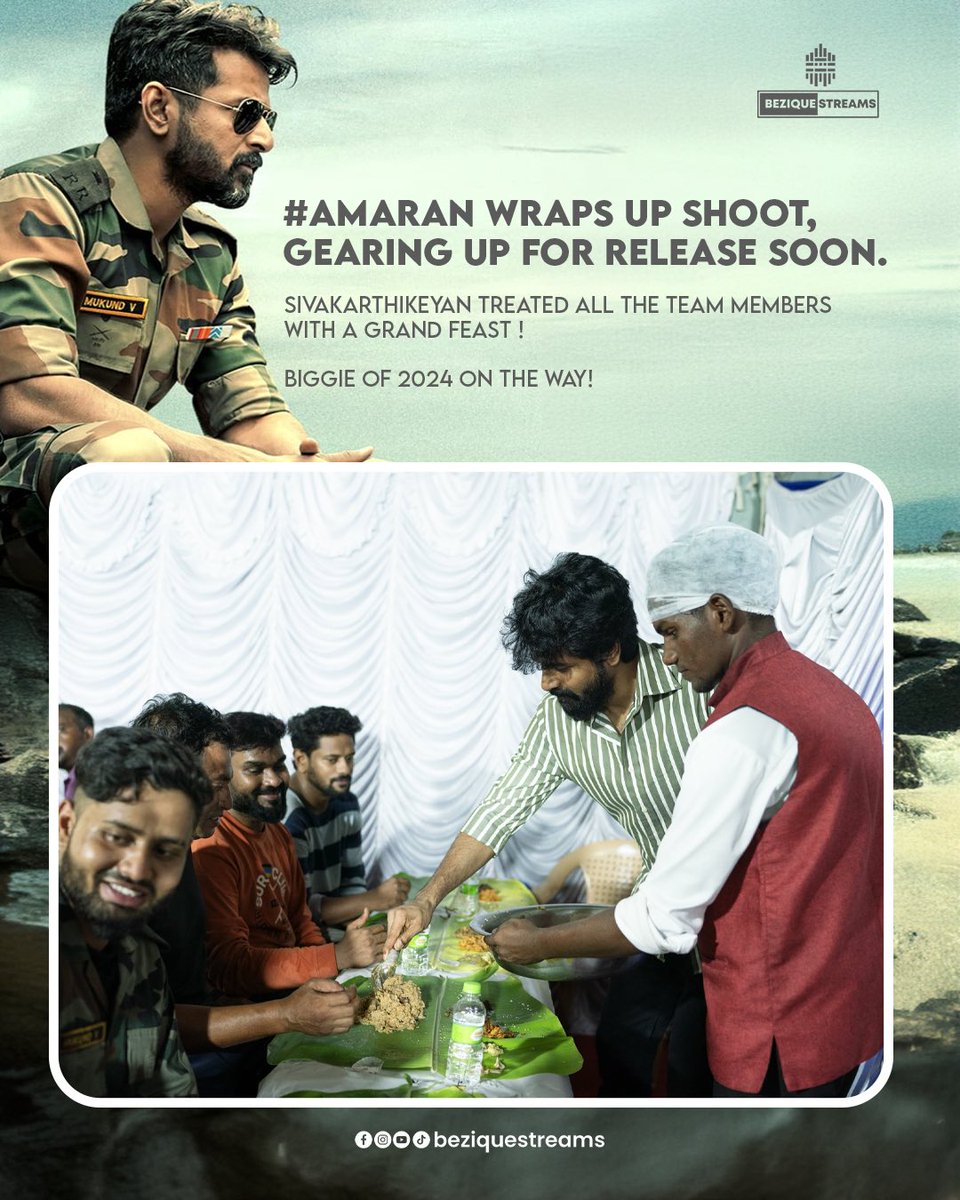 #Amaran wraps up shoot, gearing up for release soon. @Siva_Kartikeyan treated all the team members with a grand feast 👌 biggie of 2024 on the way! #sivakarthikeyan #sk #beziquestreams #kamalhassan #raajkamalfilmsinternational #rkfi #kollywood #tamilactor #shootwrap