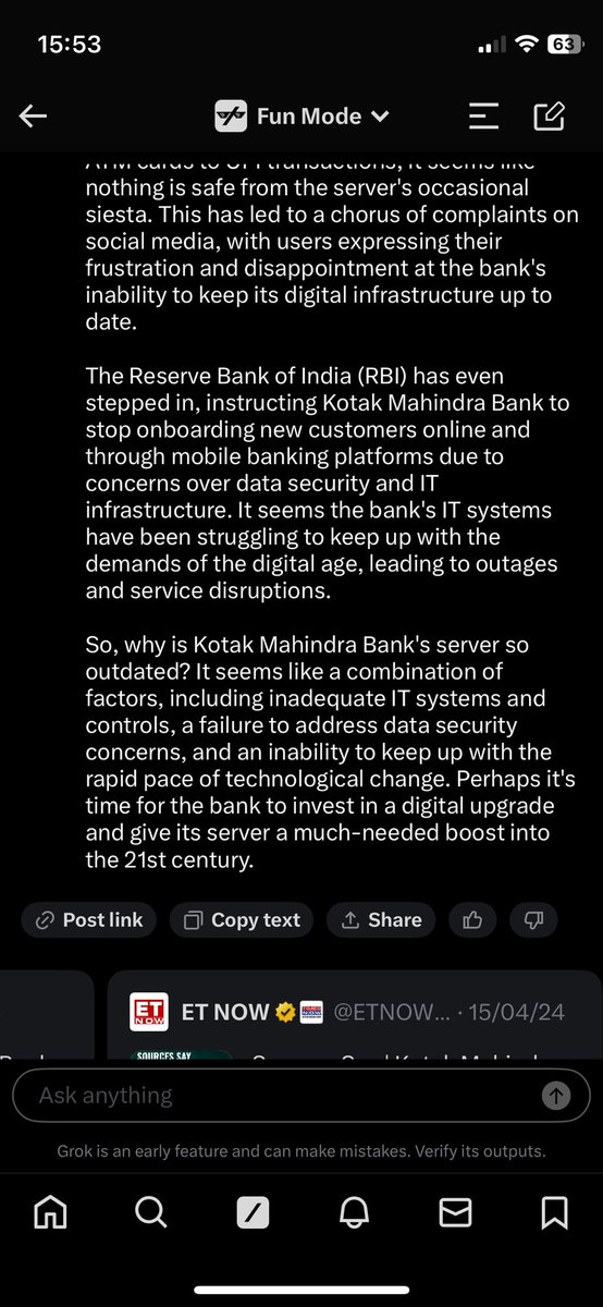 @KotakBankLtd @KotakCares @udaykotak @kotak811 @kotaksecurities See how Kotak mahindra bank is facing insult from Twitter AI Grok … It’s a shame. I have been a customer to this bank by closing my old hdfc bank account which i had been using a lot of years. And after a few days