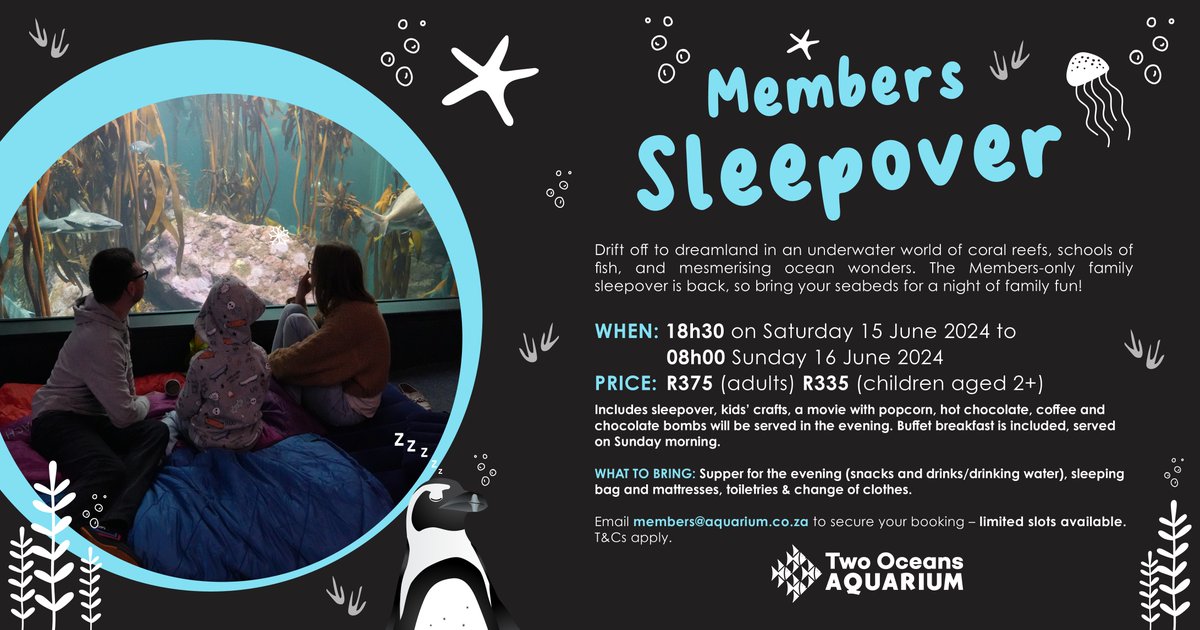 The members-only Aquarium sleepover is around the corner, and we'd hate for you and your family to miss out! 💙 Learn more and secure your spot here: aquarium.co.za/news/members-f…