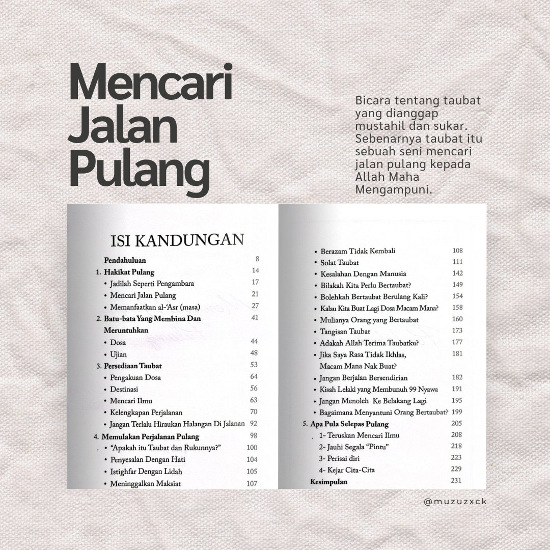 Buku pertama saya adalah Mencari Jalan Pulang. Saya bincang tentang cara taubat, cara solat taubat, bagaimana nak kuatkan diri kita dalam proses berubah. Jemput dapatkan di PBAKL 2024 di reruai Whitecoat.