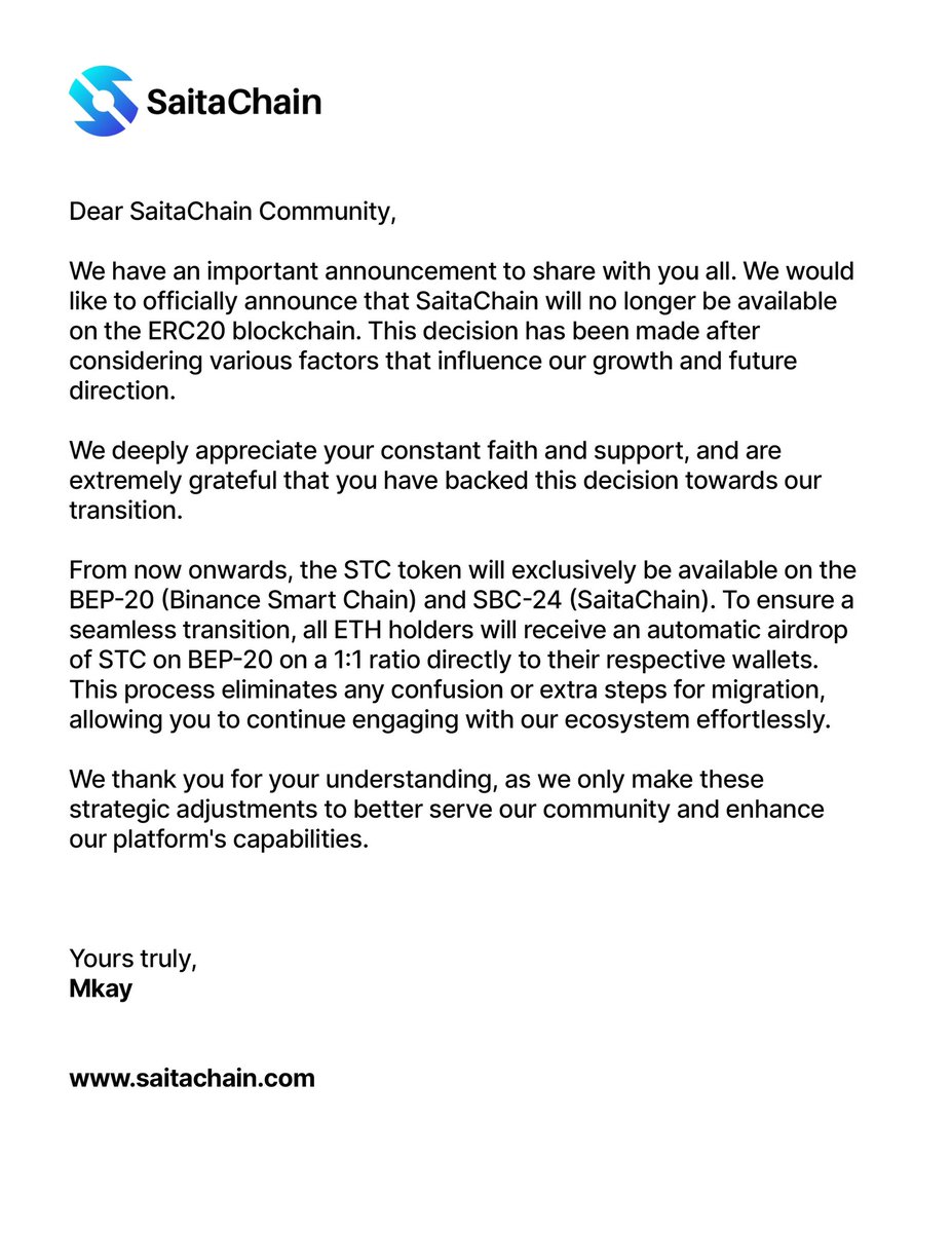 🚨 Major SaitaChain Update 🚨 We're evolving! SaitaChain is moving from ERC20 to BEP-20 and SBC-24 for a stronger, more seamless experience. ETH holders, get ready for an automatic 1:1 airdrop of STC on BEP-20 (Binance Smart Chain). Thank you for your unwavering support as we