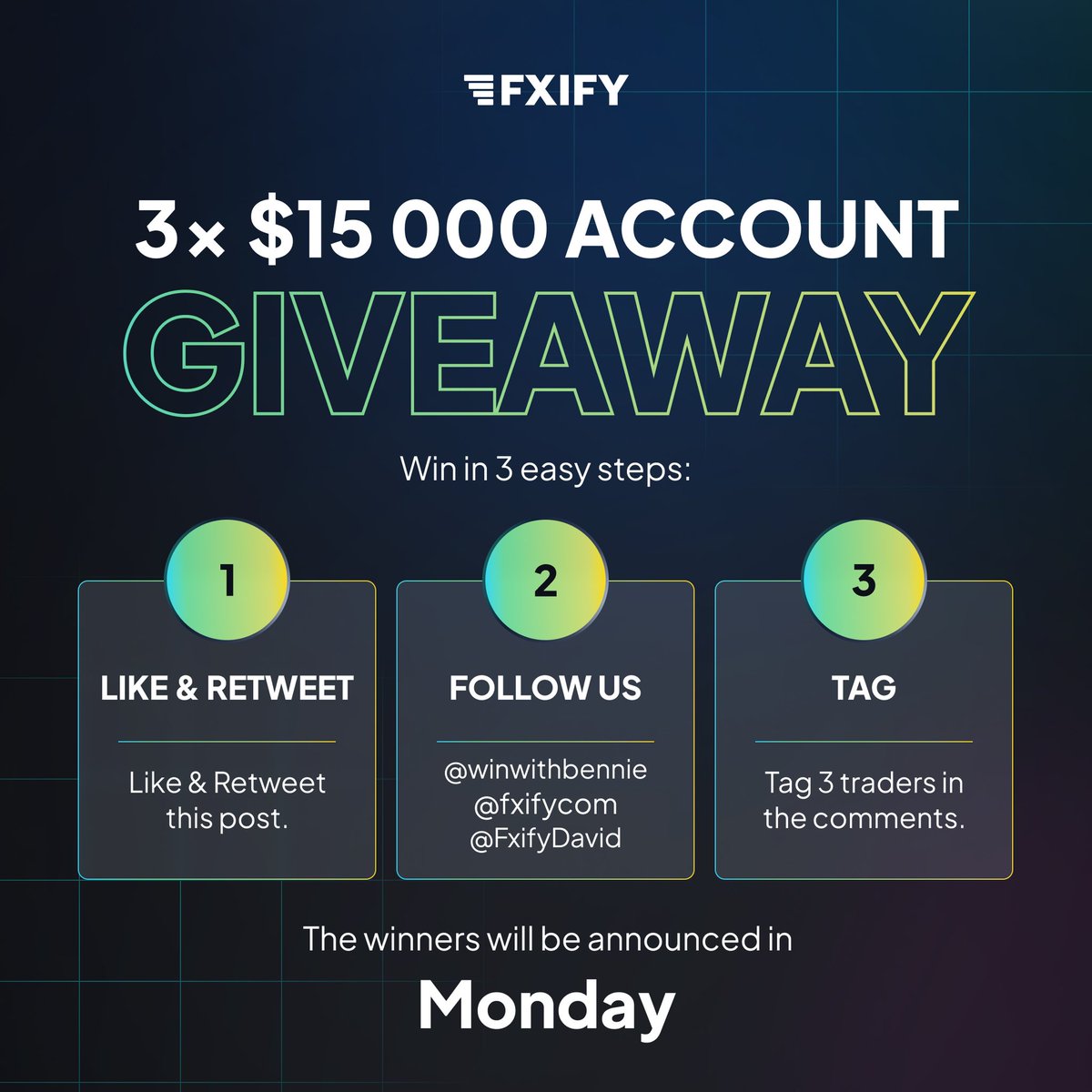 🚨FXIFY Giveaway⁉️🎁

🖤3x $15k evaluation account giveaway🤍

I highly recommend @fxifycom and here’s why 

🫴Still offers MT5😎
🫴Accept US clients 
🫴No consistency rules.
🫴First payout on demand(my favorite🥰)
🫴Up to 90% profit split.
🫴100% refund etc.

Rules to