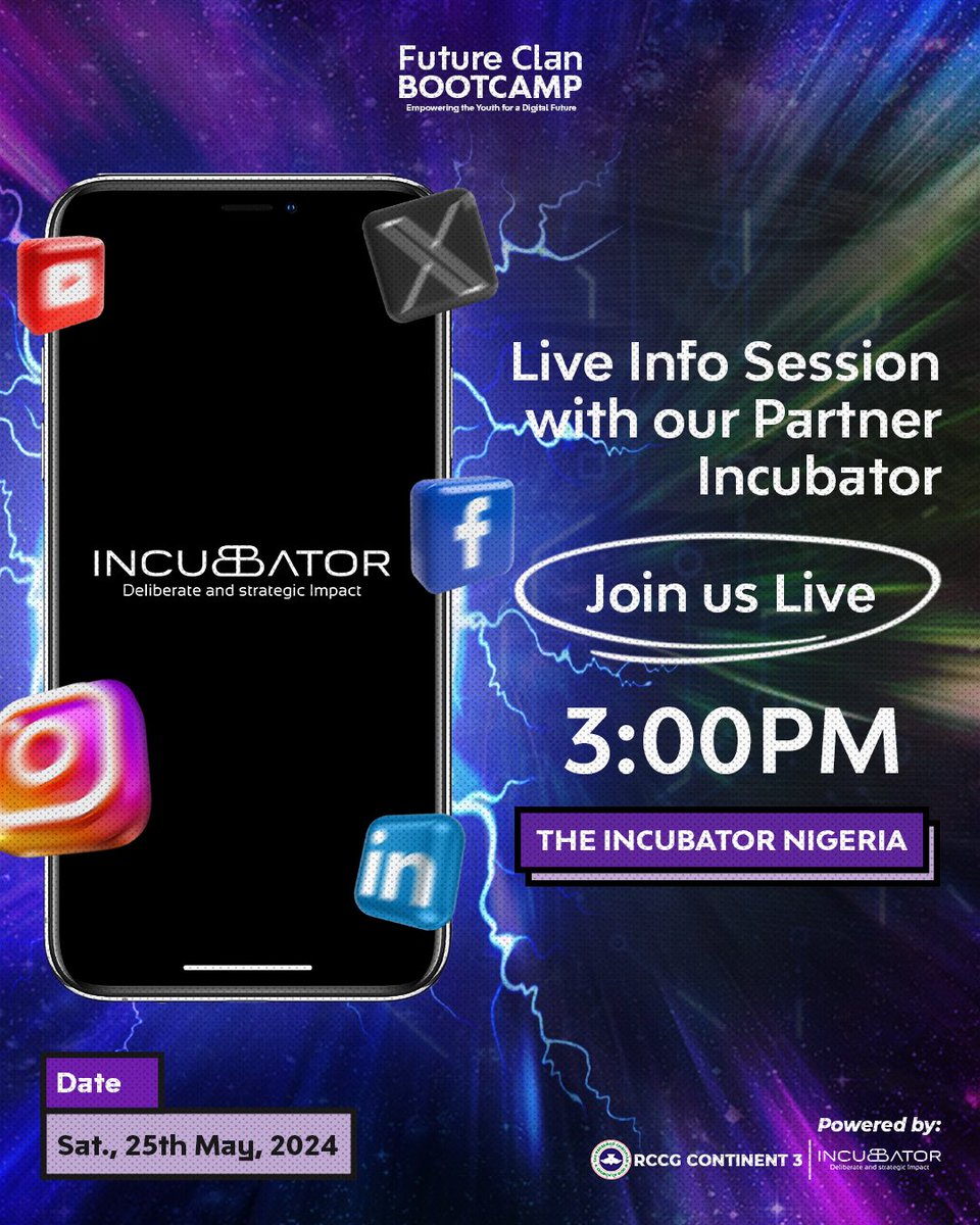 theincubator_ng's tweet photo. Tune in for an exclusive Live Info Session with our Partner, The Incubator Nigeria!
Join us at 3:00PM on all THE INCUBATOR NIGERIA social platforms for insights on the forthcoming Future Clan Bootcamp!
#TheIncubatorNigeria #TheIncubatorNG #FutureClan #Tech https://t.co/Uwucoj8RQZ