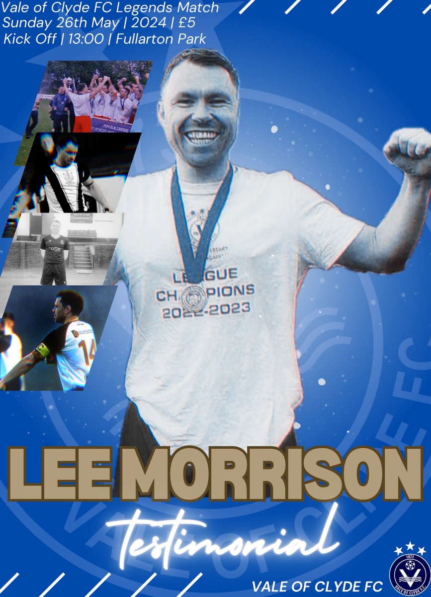 🔵⚪🔵 Lee Morrison Testimonial Match🔵⚪🔵

Lee's testimonial is now just over 24 hours away &amp; will take tomorrow with a 1pm KO

Also taking part is some players from <a href="/OfficialWoSFL/">West of Scotland Football League 🏴󠁧󠁢󠁳󠁣󠁴󠁿</a> last season's 3rd Division Champions &amp; this season's 2nd Division Promotion team.

#MonTheTinPail