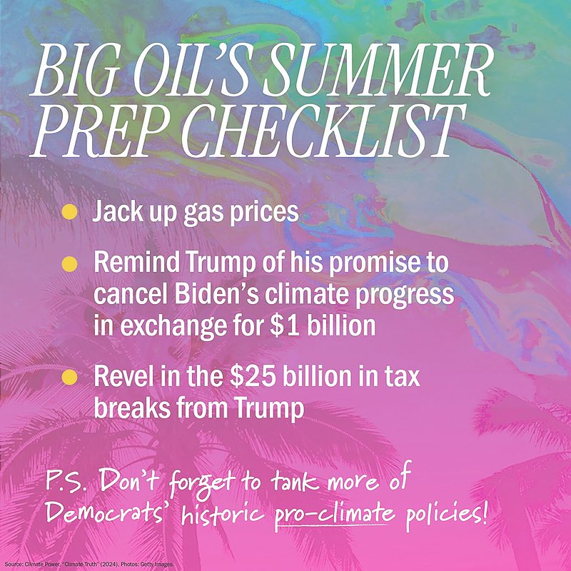 Trump wasn't joking in his billion dollar bribe to Big Oil. If Trump wins, all the historic climate action & lower gas prices will be gone. We can't let them win, vote #BidenHarris4More! #VoteForClimate #DemCast #DemsUnited