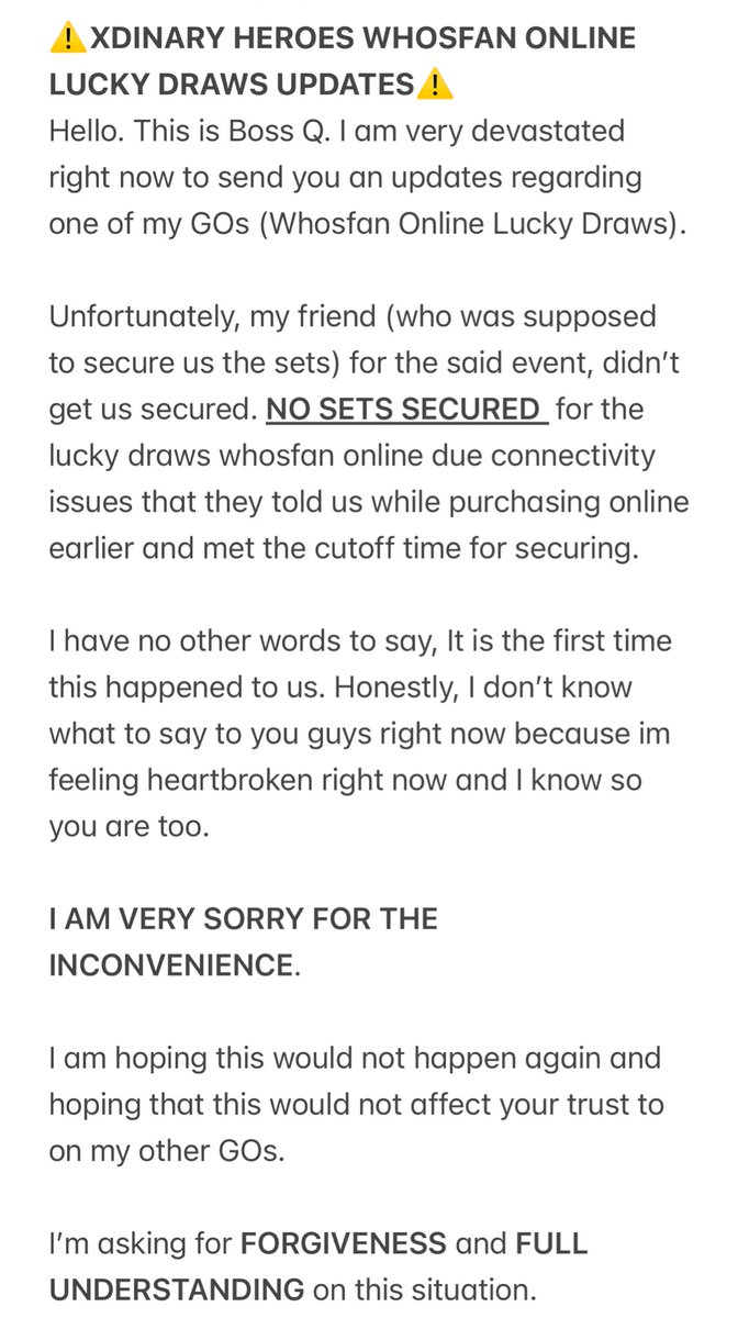 gaonhands's tweet photo. #BossQuackUpdates for Xdinary Heroes Troubleshooting WhosFan LD R2. 

First of all, i am very sorry to all of my claimers here. I was also very sad and disappointed on what happened. 

I hope this will not greatly affect your trust on us with your current order/s with us. 

+++ https://t.co/0HeEkoSiU9