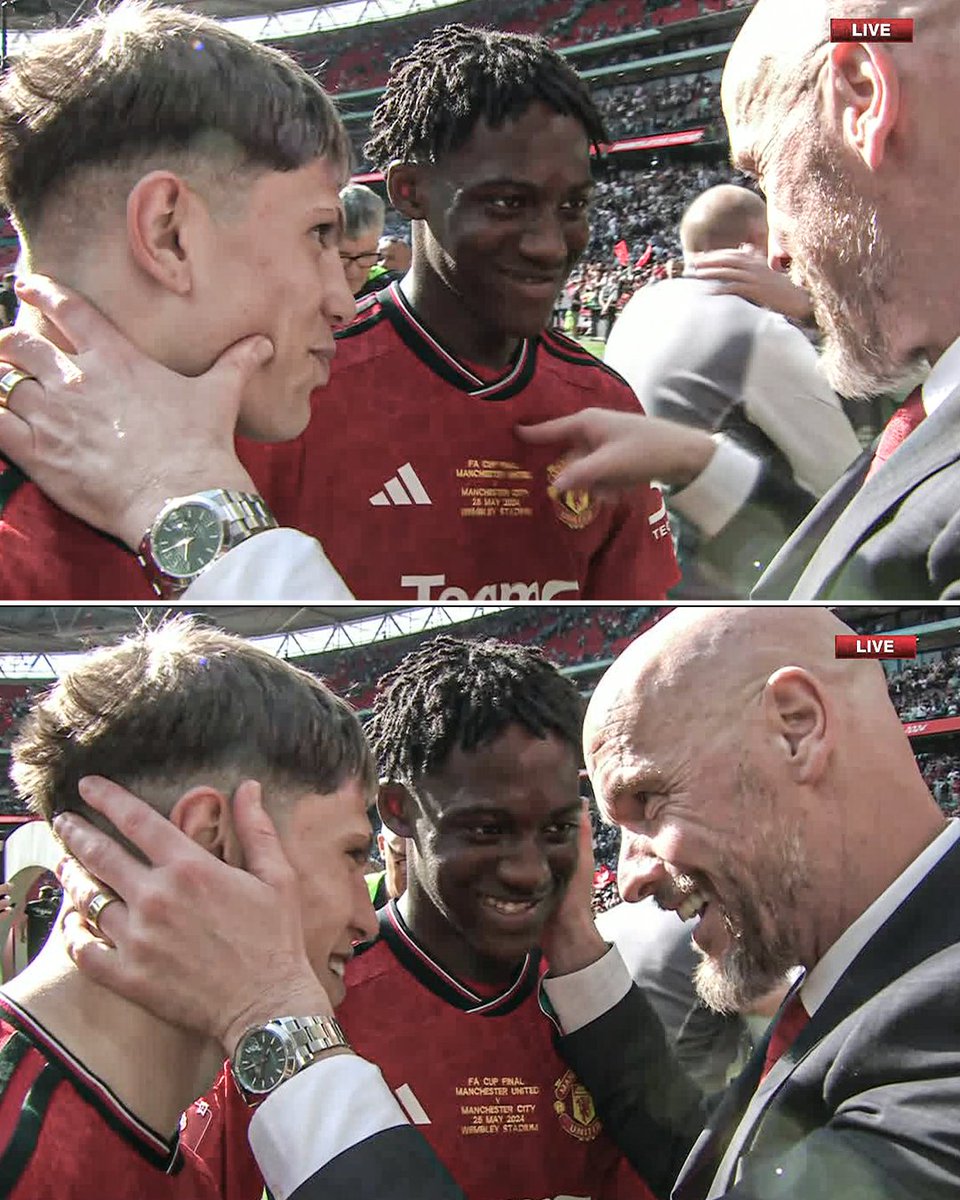 Erik ten Hag shared this wholesome moment with 19-year-old goalscorers Alejandro Garnacho and Kobbie Mainoo after their FA Cup final win over Man City ❤️ United's future is in good hands ✨