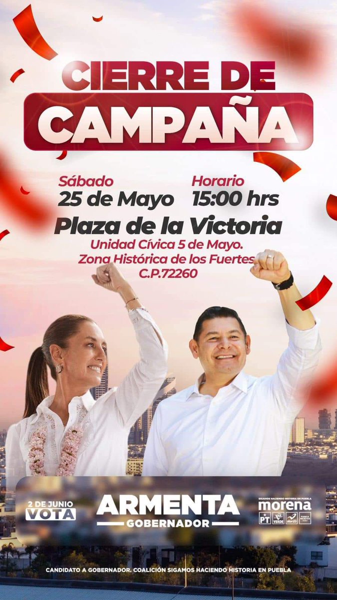 Tonantzin Fernández (@tonantzinfdz) on Twitter photo Nos vemos hoy a las 3:00pm para apoyar a nuestra próxima presidenta, la Dra. <a href="/Claudiashein/">Claudia Sheinbaum Pardo</a> y a nuestro futuro gobernador, <a href="/armentapuebla_/">Alejandro Armenta</a>.
📍Plaza de la Victoria. Zona histórica de los Fuertes.
EQUIPO GANADOR Nos vemos hoy a las 3:00pm para apoyar a nuestra próxima presidenta, la Dra. <a href="/Claudiashein/">Claudia Sheinbaum Pardo</a> y a nuestro futuro gobernador, <a href="/armentapuebla_/">Alejandro Armenta</a>.
📍Plaza de la Victoria. Zona histórica de los Fuertes.
EQUIPO GANADOR