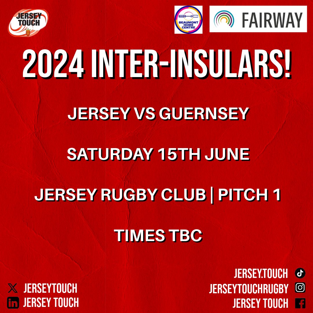 Join us at <a href="/JerseyRFC/">Jersey Rugby Club</a> on Saturday 15th June for the Touch Rugby 2024 Inter-insulars!

Our Men’s 45s, Mixed Open, Men’s Open, Women’s Open and U18’s all take on <a href="/GuernseyTouch/">Guernsey Touch</a>!

Times are still to be confirmed but it’s promising to be a great day of touch rugby! 🏉 

#jerseytouch