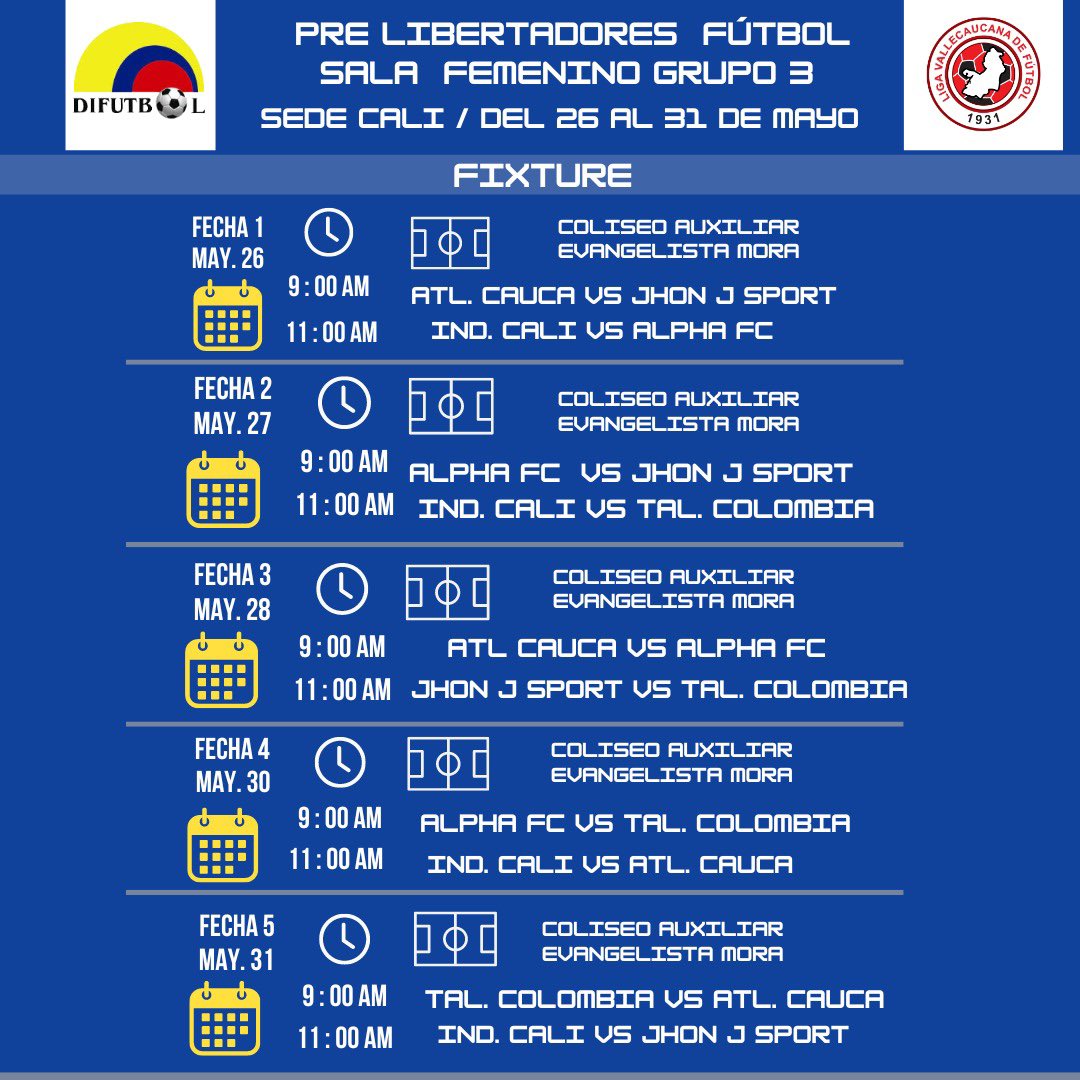 lifutbolvalle's tweet photo. Cali ❤️ sede de esta fase semifinal Pre Libertadores de fútbol sala femenino categoría libre 💪⚽️
Prográmate 📅 
.
.
.
#futbolsala #Difutbol https://t.co/7VayCm3Uga