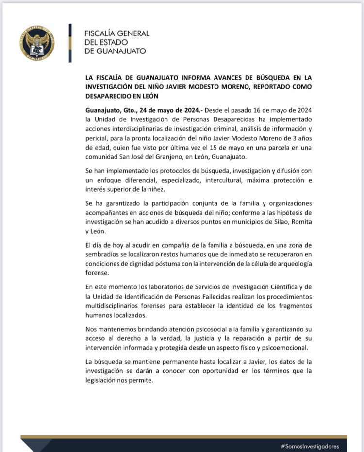 ¿Dónde está la versión traducida para la familia de Javier Modesto Moreno, niño indígena desaparecido en #Guanajuato <a href="/FGEGUANAJUATO/">Fiscalía General del Estado de Guanajuato</a> <a href="/carloszamarr/">Carlos Zamarripa Aguirre</a>?

La familia de Javier es originaria de la comunidad na savi, Joya Real, Cochoapa el Grande, #Gro 🇲🇽 y no hablan español✍🏻
