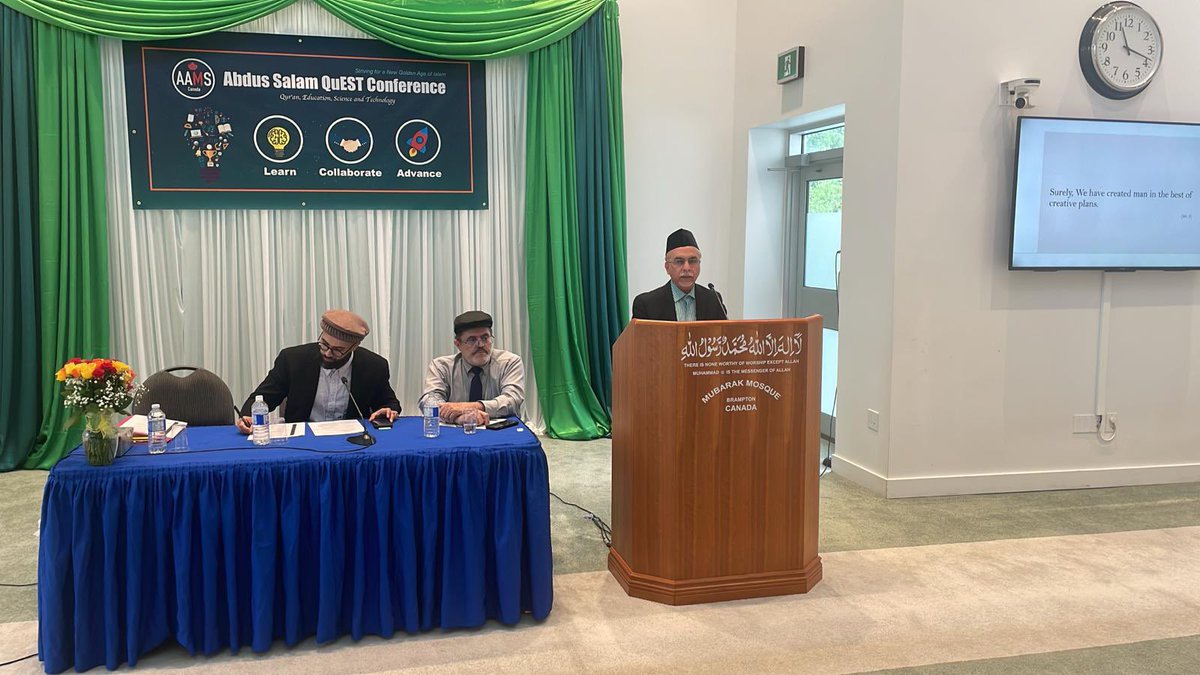AAMS_Canada's tweet photo. “Reach the highest levels of a mountain”. Dr. Altaf Qadeer recalls his meeting with  #DrAbdusSalam &amp; his vision for students. Dr. Qadeer emphasizes inspiring creativity among students and and seeking inspiration from the Holy Qu’ran.  
#QuEST2024 #MuslimScientists https://t.co/xTlaR4Fs8y