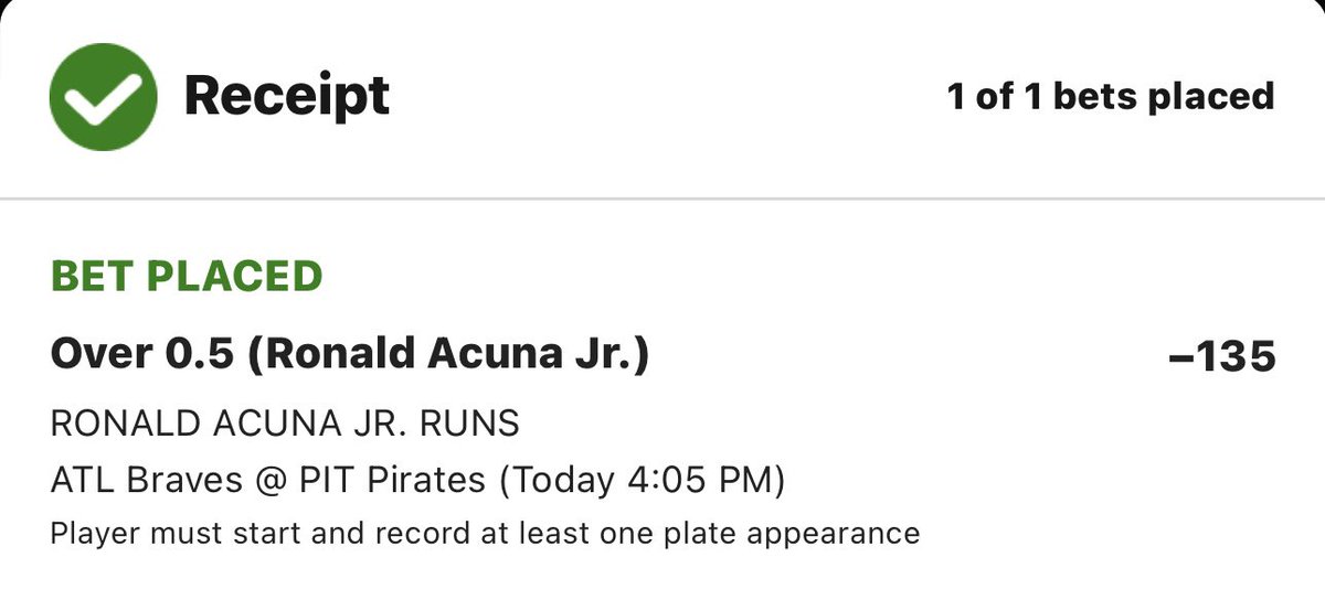 Daily @TrustTheData MLB Pick Ronald Acuna Over 0.5 Runs -135 Record: 33-26 (55.9%) Units: +2.65 Streak: L2 ⚾️Ronald Acuna is batting .400/.438/1.000 with 3 HR off of Mitch Keller lifetime (15 AB) ⚾️Acuna has scored a run in 6 of last 9 games ⚾️Acuna has scored 19 runs in 24