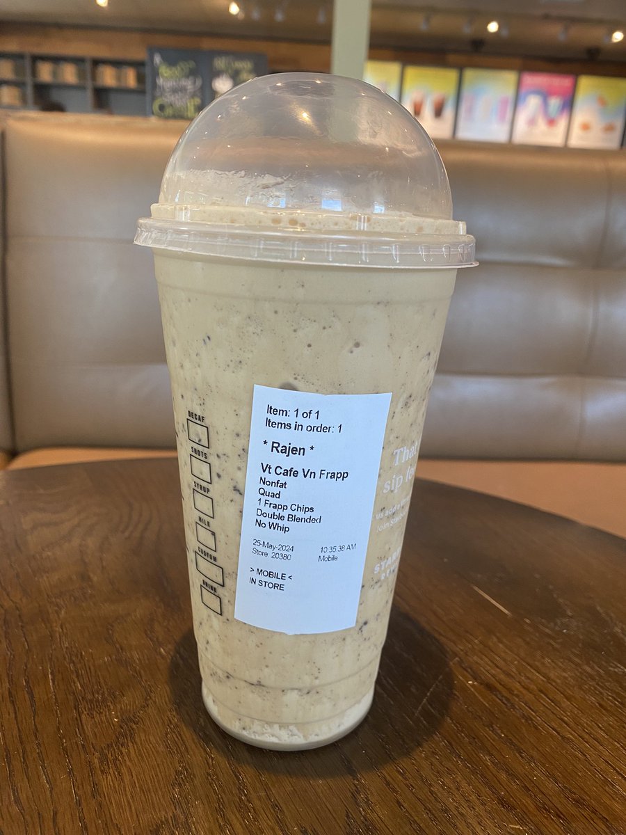 marathe's tweet image. First Frappuccino of 2024! Venti Skinny Quad Vanilla cafe Double Blend Frapp No Whip. #Starbucks #Frapp