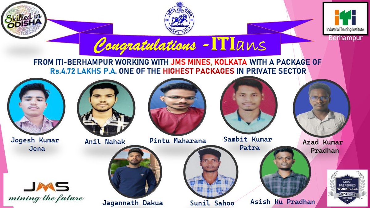 ITI_BERHAMPUR's tweet photo. We are proud for our skilled professionals who have joined with a package of 4.72 lakhs in JMS mines https://t.co/70Hpr9MJZu