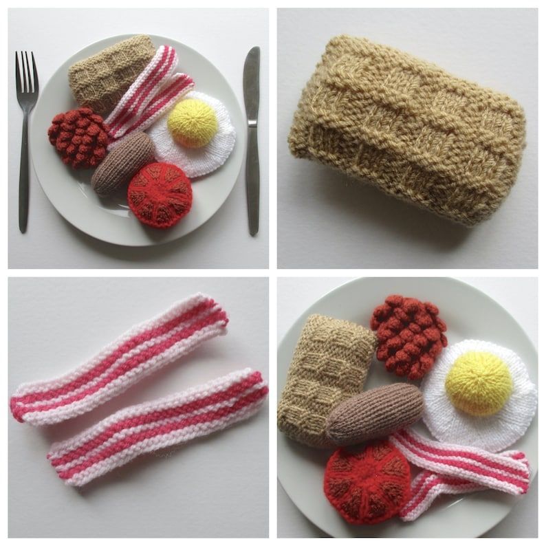Get The Pattern To Knit A Breakfast Display That Makes Clever Use of Garter Stitches - Fun Play Food! 👉 buff.ly/4bOZtcD #knitting #playfood #foodie