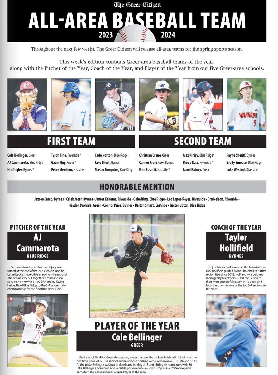 Greer Sports Star (@greersportsstar) on Twitter photo ⚾️ Huge shoutout to this year’s Greer Citizen All-Area Baseball teams and award winners!
Pitcher of the Year: AJ Cammarota, Blue Ridge (<a href="/AJCammarota/">A J Cammarota</a>)
Coach of the Year: Taylor Hollified, Byrnes (<a href="/Hollifield643/">Taylor Hollifield</a>)
Player of the Year: Cole Bellinger, Greer (@cole437) ⚾️ Huge shoutout to this year’s Greer Citizen All-Area Baseball teams and award winners!
Pitcher of the Year: AJ Cammarota, Blue Ridge (<a href="/AJCammarota/">A J Cammarota</a>)
Coach of the Year: Taylor Hollified, Byrnes (<a href="/Hollifield643/">Taylor Hollifield</a>)
Player of the Year: Cole Bellinger, Greer (@cole437)