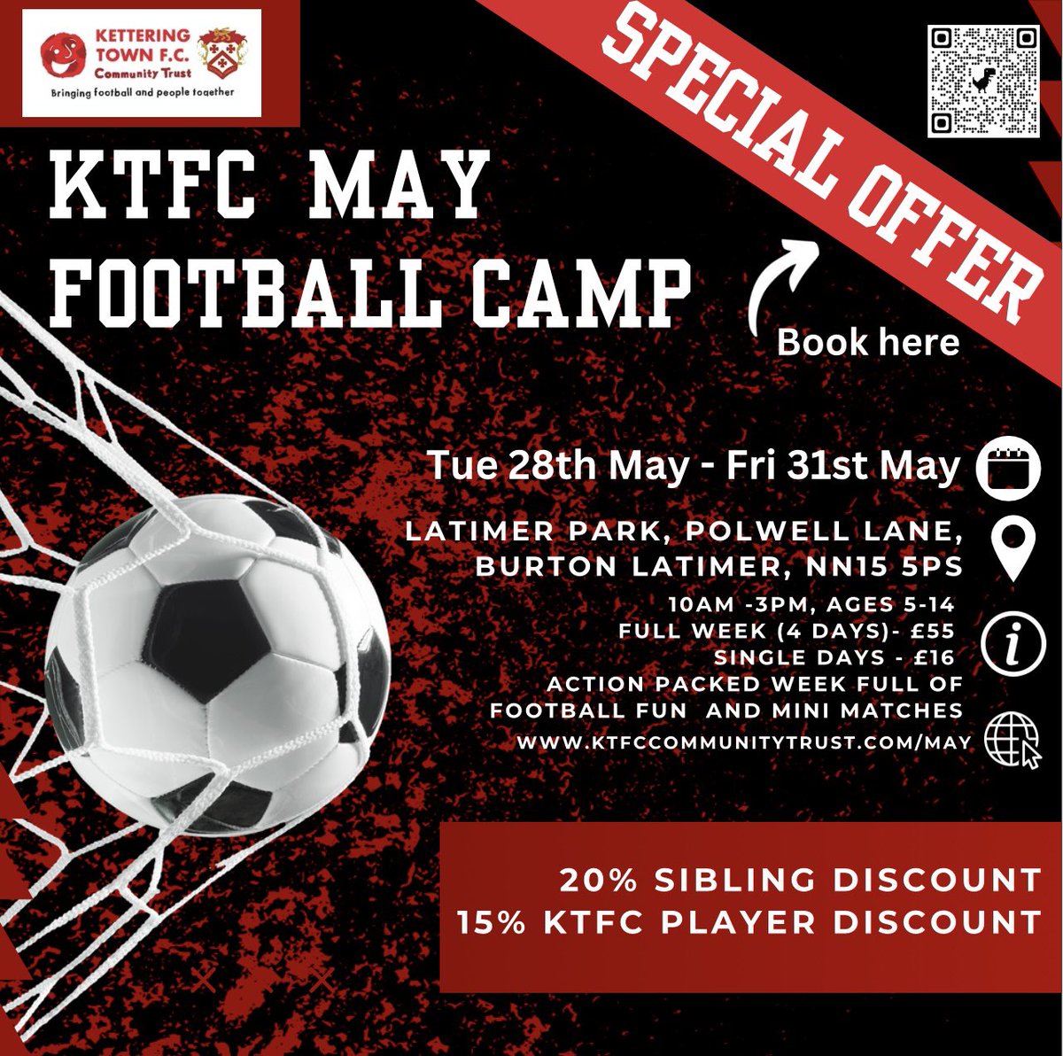 Our 4 day football camp is nearly upon us! 🔴⚫️
Unfortunately there’s no HAF funding available for this one, so to make it more affordable for all, we’ve released another knocked down holiday course for local children. 
Get your booking in now - 👦 ⚽️ 👧 

ktfccommunitytrust.com/may